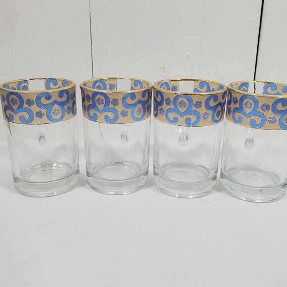 4 Gold Trim Demitasse Espresso Cups 4oz  blue liquor stained glass scrollwork - Picture 6 of 12